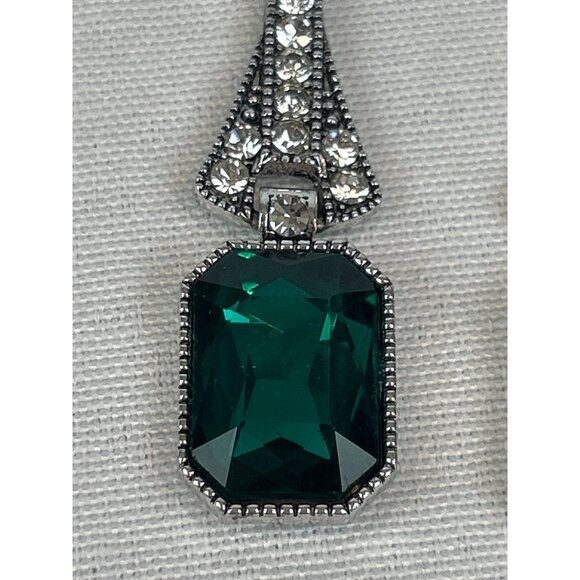 Vintage Style Emerald Green Rhinestone Drop Earrings Pierced Silver Tone Metal 3 - Picture 3 of 6